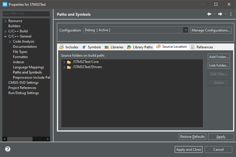 C/C++ General -> Paths and Symbols -> Source Location