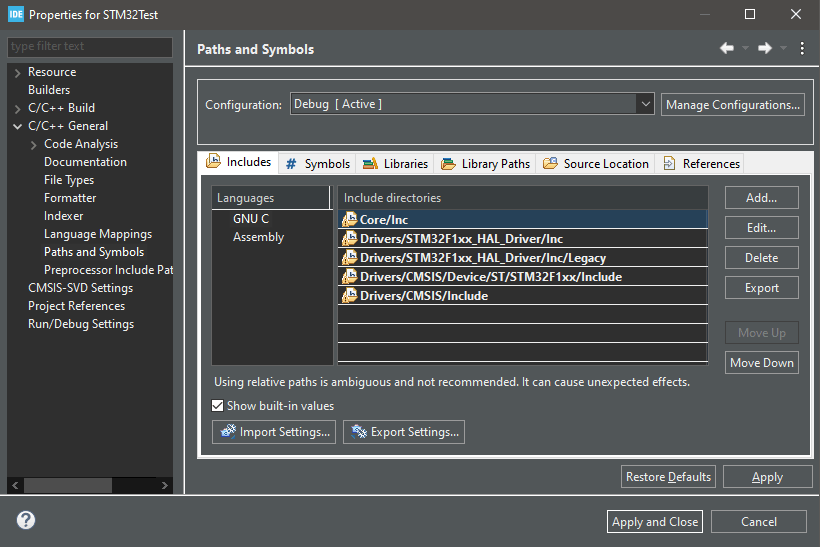 C/C++ General -> Paths and Symbols -> Includes